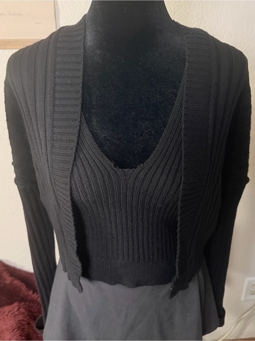 Black 2 Piece Knit Ribbed V-Neck Cardigan and Tank Top Sweater Set